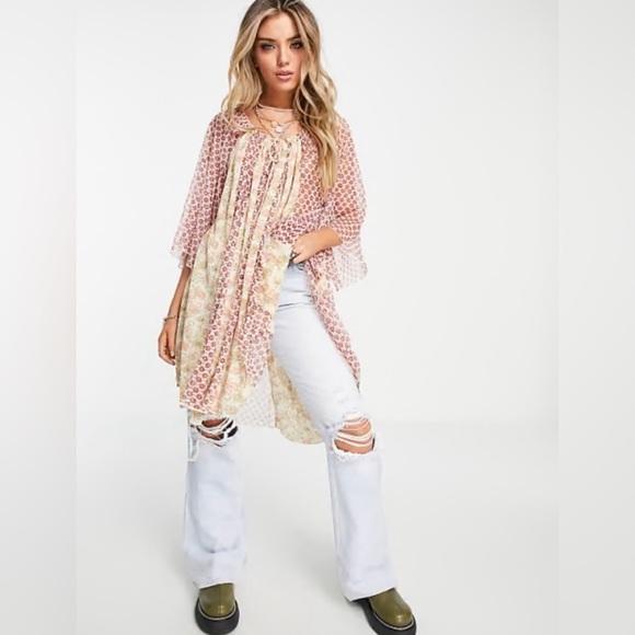 FREE PEOPLE Because I Love You Tunic Mini Dress Sunshine Combo Boho Size XS - Picture 2 of 13